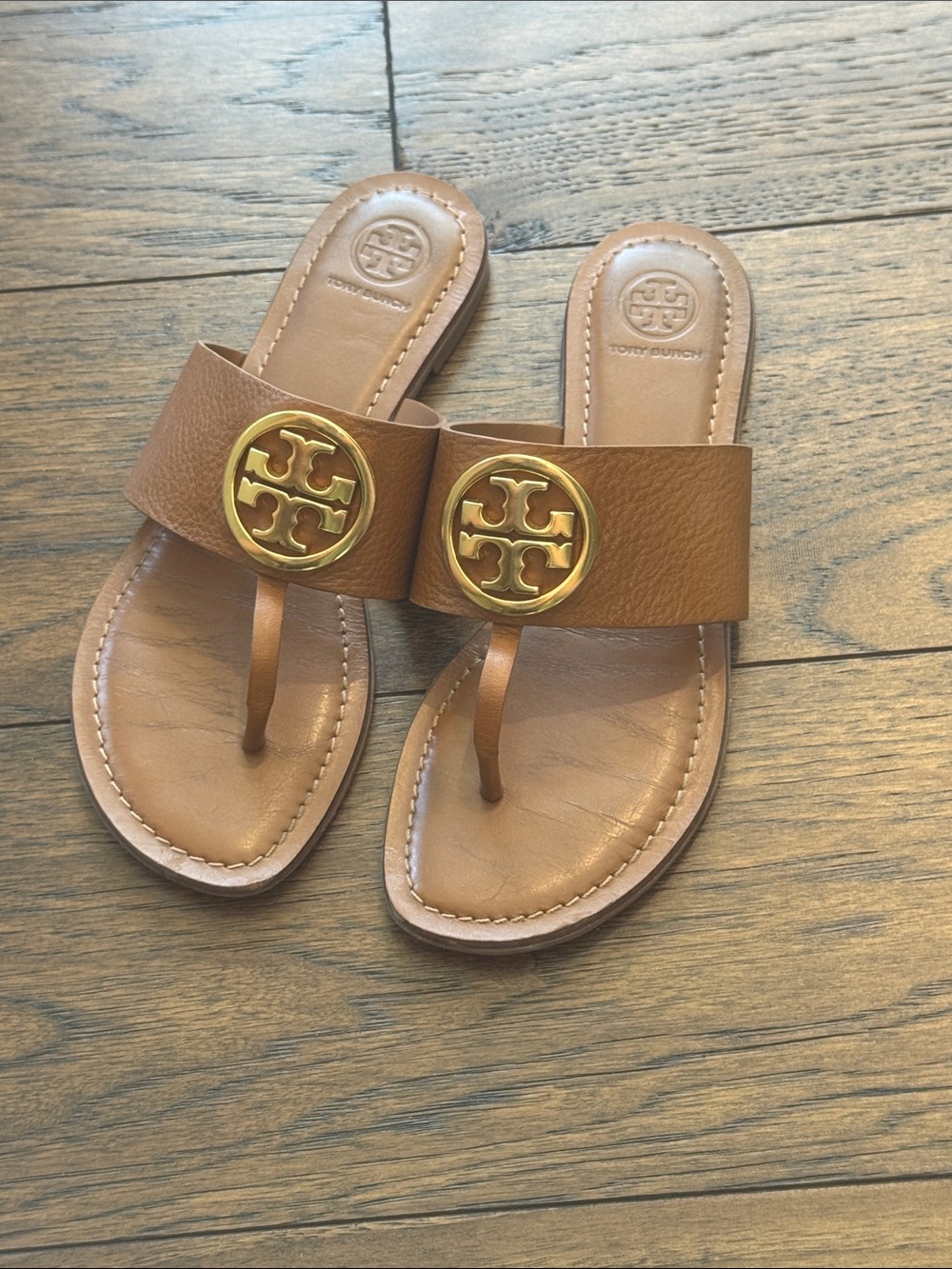 Tory Burch Tan Leather Miller Thong Sandals with Gold Logo